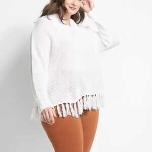 Lane Bryant White Cowl Neck Knit Sweater Size 14/16 Pullover Fringe‎ Boho